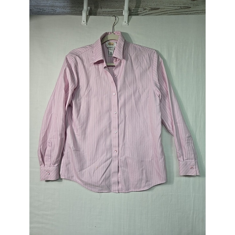 Talbots Women's Size 4 Button Up Blouse Wrinkle Resistant Pink White Chevron